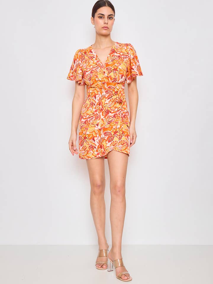 Orange Short wrap summer dress with floral print for wholesale on Faire