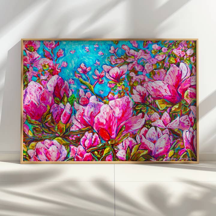 Magnolienblütenkunst, florale maximalistische Kunst, Dopamin-Dekor, trendiger bunter Kunstdruck für den Großhandel von Audra Style