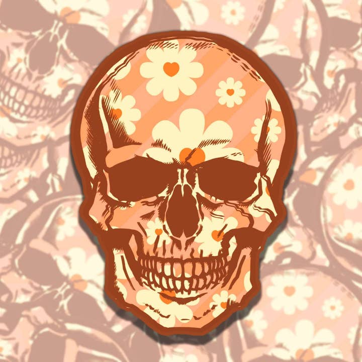 Kleurrijke Schedel Bloemen Vinyl Sticker - Retro Skelet Ontwerp voor wholesale door Sticky Sadness Designs