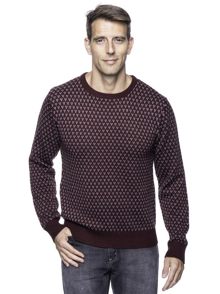 Pull ras du cou en laine mélangée effet jacquard - Bordeaux/Gris chiné pour la vente par Tocco Reale