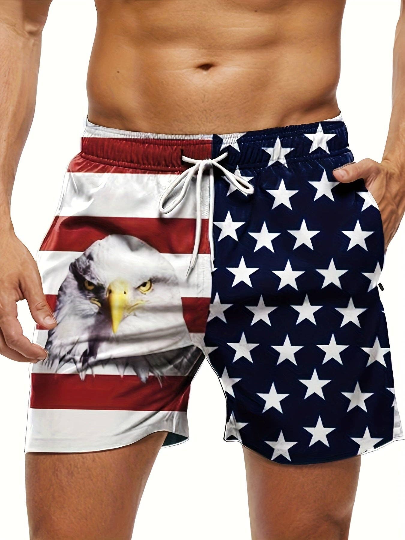 SWIMFA – Engroshandel Badeshorts – Mænd – 3003 Herre Sommer Casual Shorts - Amerikansk Flag & Ørn Patriotisk Print, Sort & Hvid Kontrastdesign, Almindelig Pasform, Maskinvaskbar6