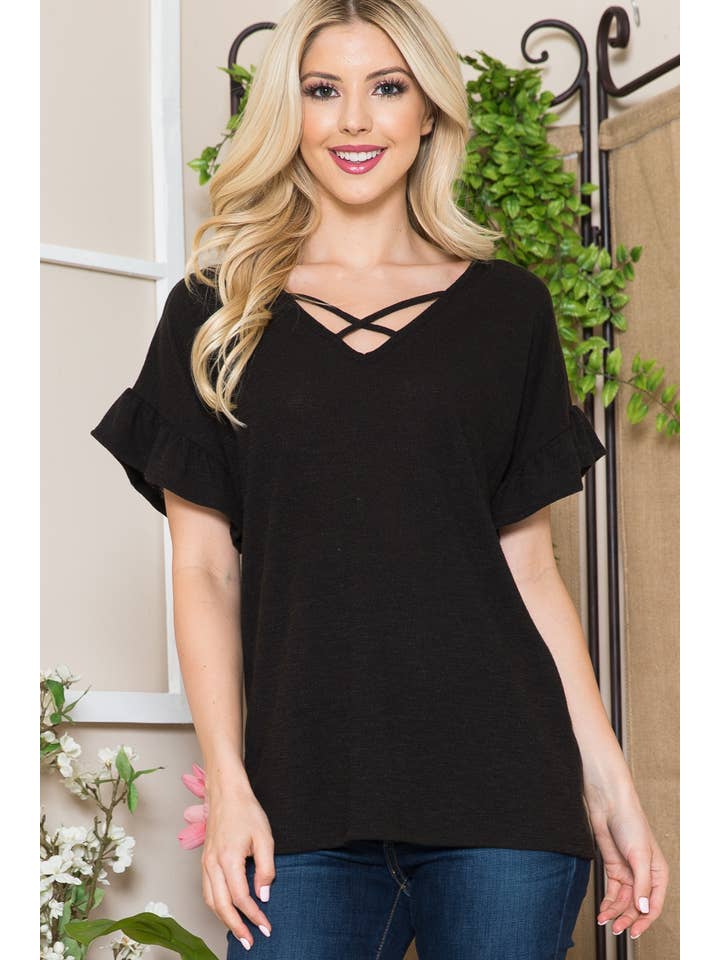 Orange Farm Clothing - Wholesale Blouse - Women's - Textured Ruffle Sleeve with X Detail- 2 Colors1