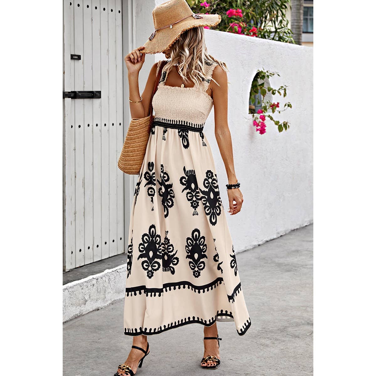 Elings - Wholesale Dress - Women's - Ruched Square Neck Sleeveless High Waist Dress3