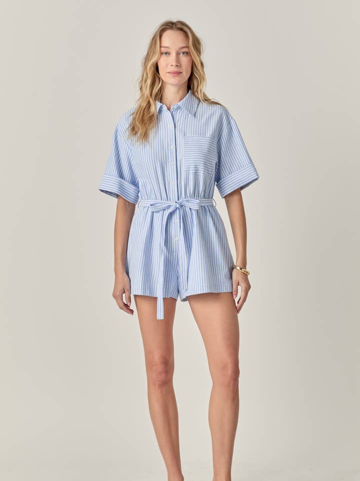 The Elise Oxford Stripe Romper for wholesale by English Factory