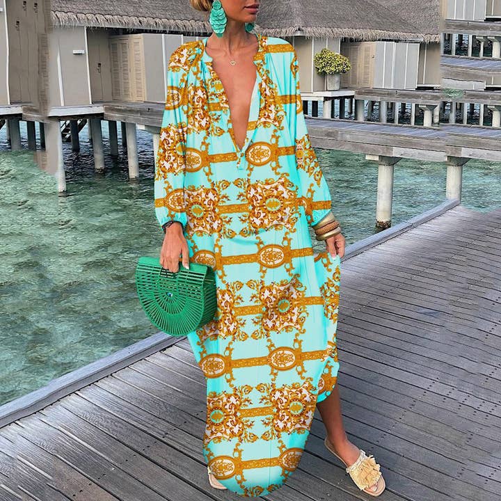 SALINA TRADING INC - Wholesale Dress - Women's - Women Bohemian Elegant Vintage Long Sleeve Button Loose Big V Neck Dress6