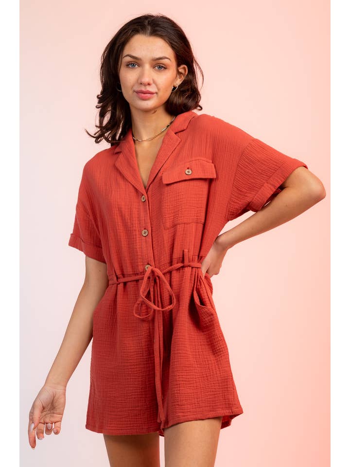 VERY J - Wholesale Romper - Women's - NP70151-Belted Button Down Romper