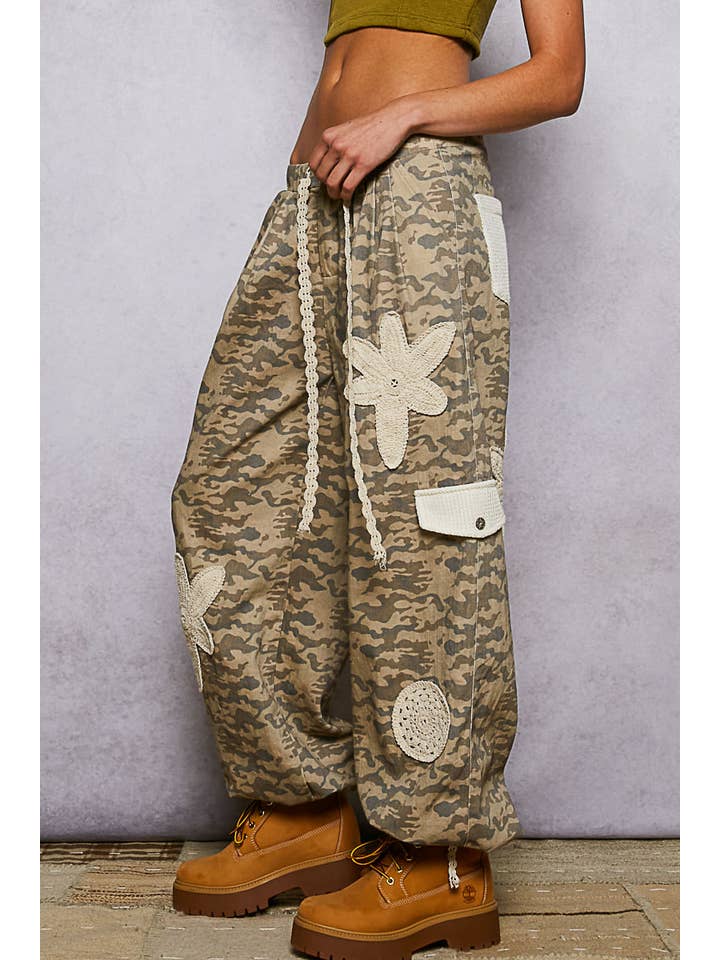 Pol Clothing - Wholesale Pants - Women's - Pleat Detail Floral Patchwork Cargo Pants1