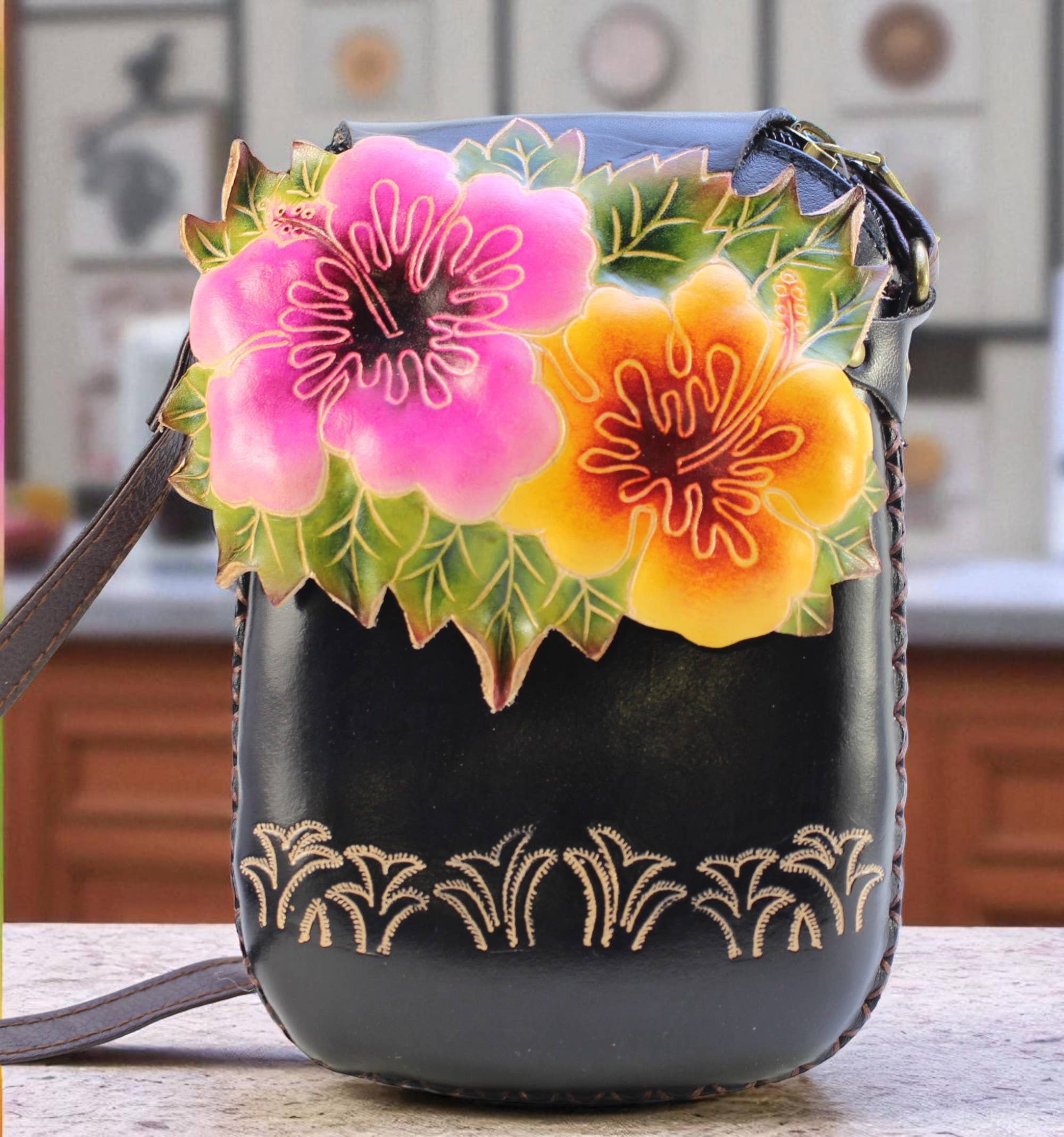 Sunflower Handmade leather inc - Vendita all'ingrosso Tracolla - Donna - Borsa a tracolla in pelle a forma di fiore borsa per telefono3