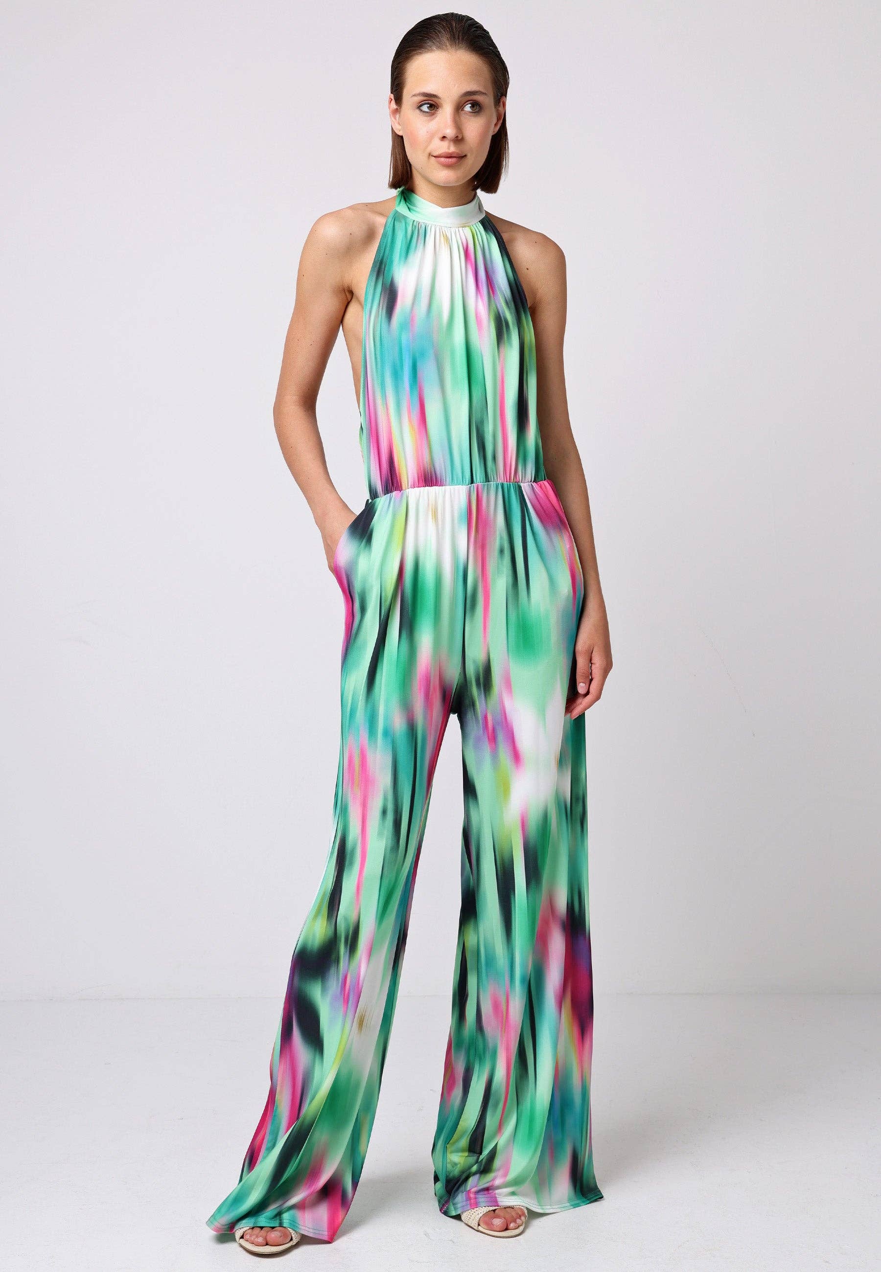 ANGELEYE – wholesale Jumpsuit – Women's – Halterneck Jumpsuit With Elasticated Waist In Brush Stroke Print0