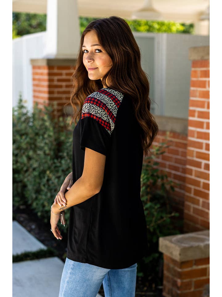 Mix Pattern You Can't Sleeve Me Alone Black Short Sleeves T-Shirt with Leopard and Red Checkers for wholesale on Faire