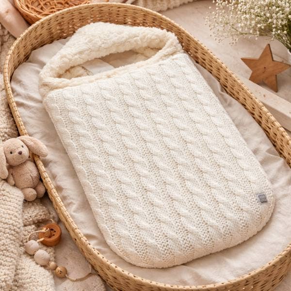 Strikket svøbepose med rå lammeskindsfor for engroshandel hos Minutus