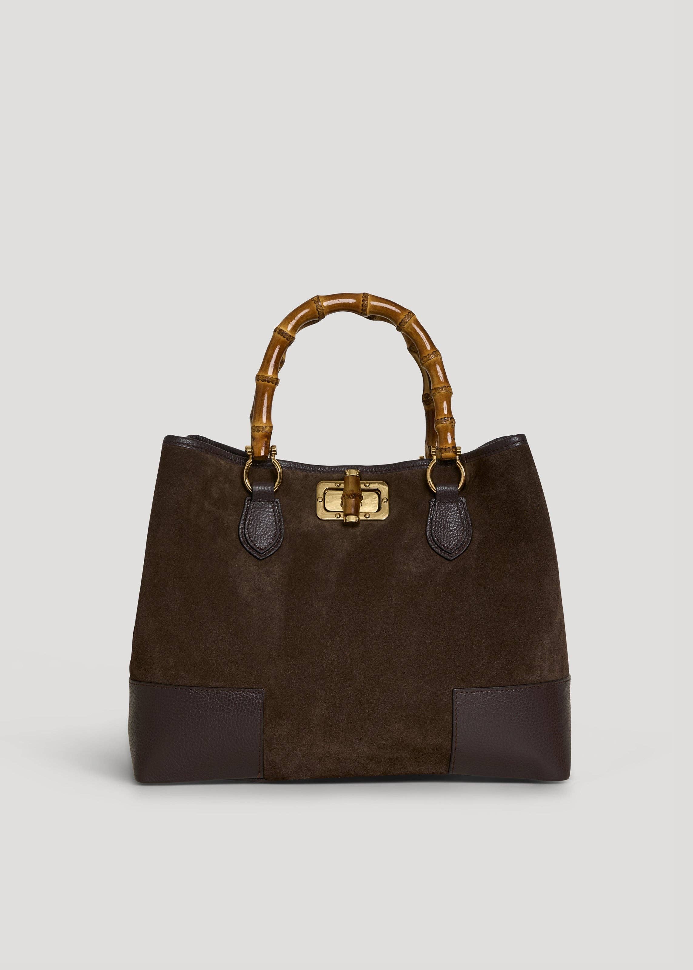 Voemièn – wholesale Top handle bag – women's – Bamboo Babe Bag in Dark Brown Suede and Leather