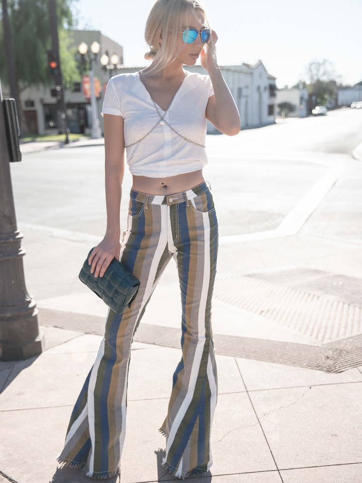 Simone Striped High Rise Flare Jeans for wholesale by Hope Horizon LLC