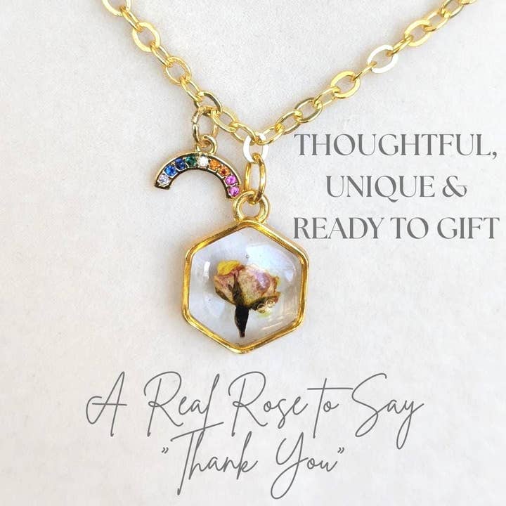 Gay Pride Jewelry Rainbow Chain Flower Pendant Pink Gold Brass Necklace Rose Bud Charm Accessory Gift Women Pride Month Present LGBTQ Gift for wholesale by TillyPad Studios