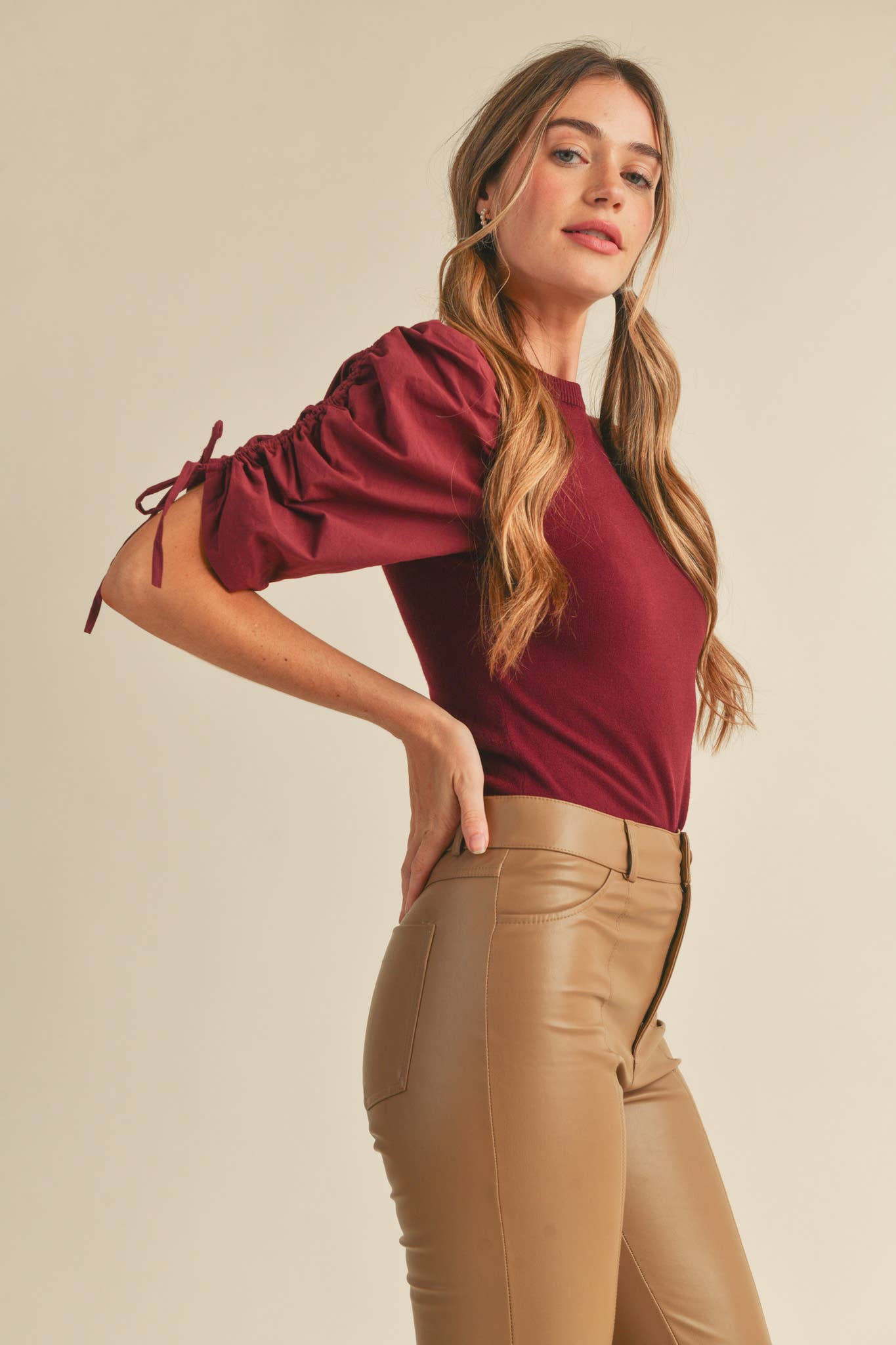 &MERCI - Wholesale Knit Top - Women's - RUCHED SLEEVE MIXED MEDIA TOP MSW246432