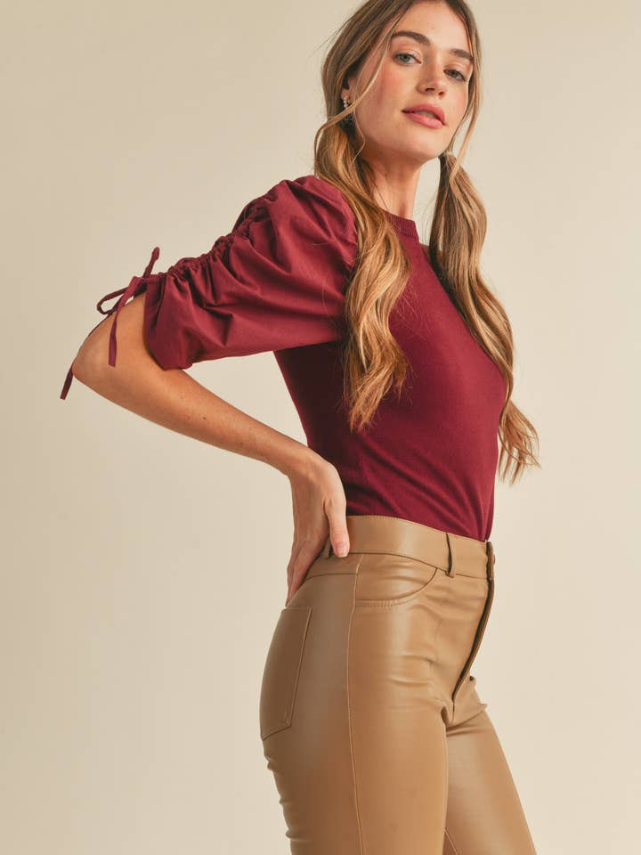 &MERCI - Wholesale Knit Top - Women's - RUCHED SLEEVE MIXED MEDIA TOP MSW246432