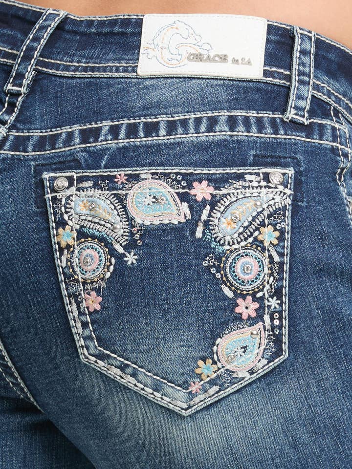 Paisley Border Modify Mid-Rise Boot Cut 34" | EB-52031 for wholesale by Grace in LA