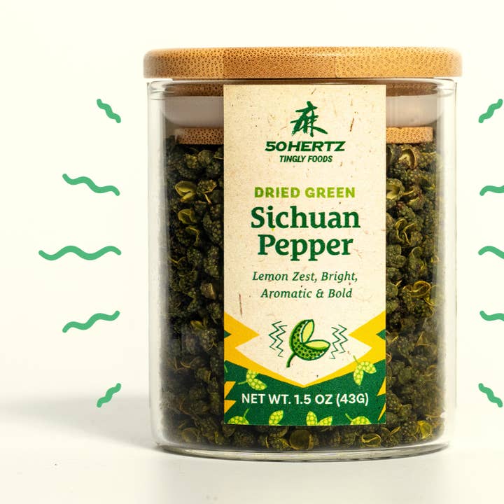 Dried Green Sichuan Pepper Glass Jars for wholesale by 50Hertz Tingly Foods