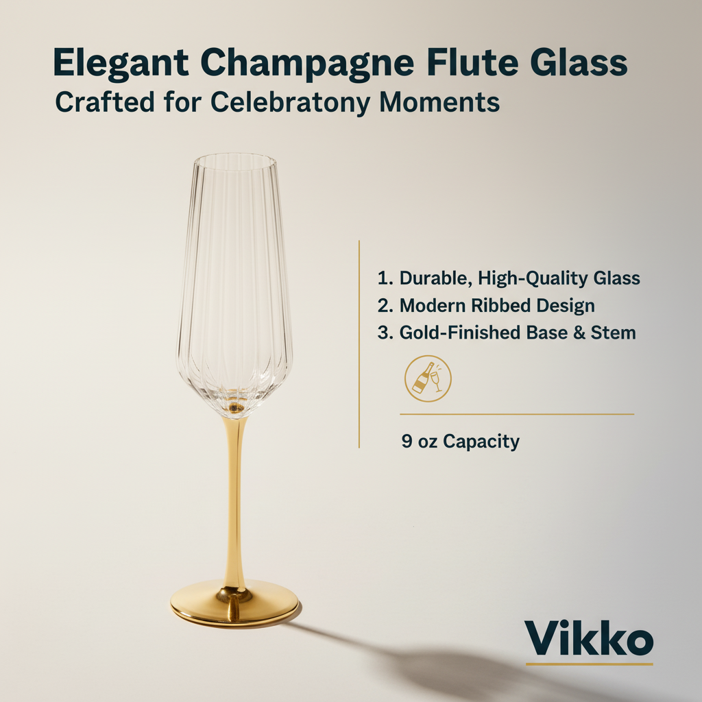 Kadra Kitchenware - Wholesale Champagne Flute - Vikko - Decor, Elegant, Champagne Flute Glass, Gold, 9 oz3
