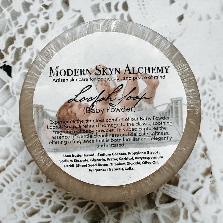 Baby Powder Loofah Soap for wholesale by Modern Skyn Alchemy LLC.
