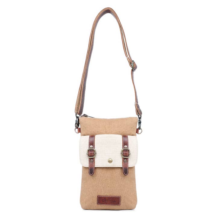 Canvas & Leather Women Crossbody Bag - Isabelline/Chamoisee for wholesale by Sixtease Bags USA