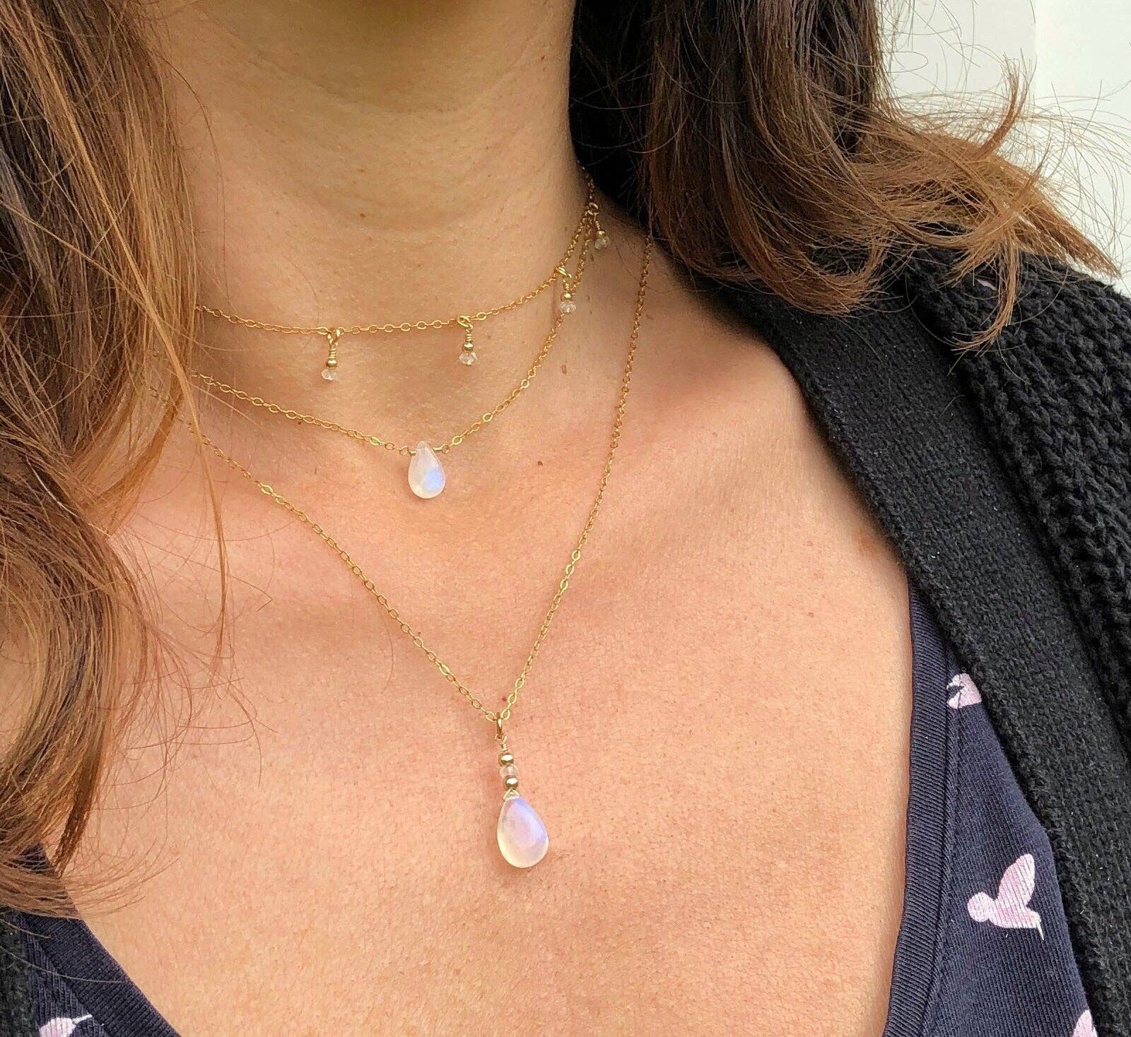 SEQAY - Wholesale Pendant/Charm Necklace - Moonstone drop chain, rainbow moonstone necklace, short gold chain with moonstone, layering look7