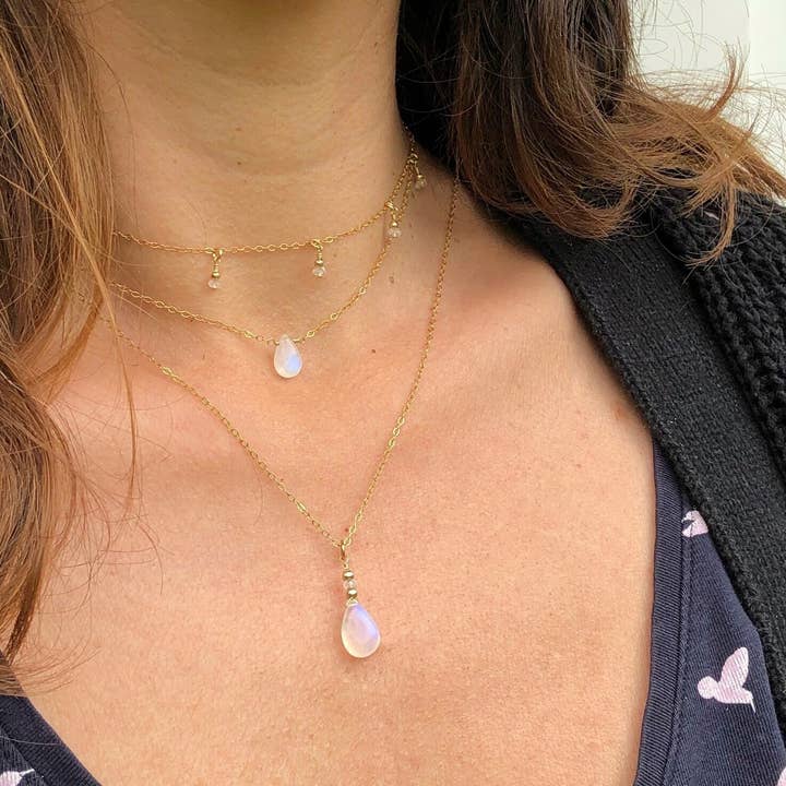 SEQAY - Wholesale Pendant/charm necklace - Moonstone drop chain, rainbow moonstone necklace, short gold chain with moonstone, layering look7