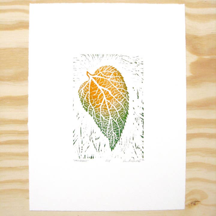 Hackberry leaf - woodblock print (9x12”) for wholesale by Lemuette
