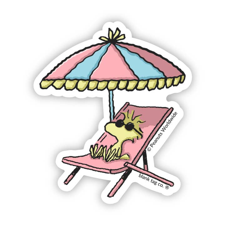 Peanuts® Woodstock On A Beach Chair Waterproof Sticker for wholesale by Blank Tag Co. Stickers - Waterproof Stickers