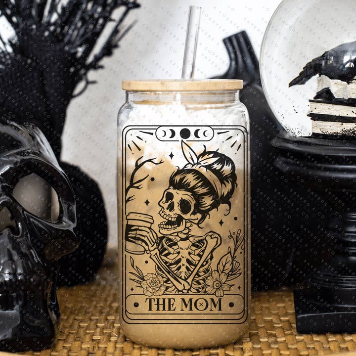 Sayers & Co. – wholesale Drinking glass/cup – Funny Tarot Card Iced Coffee Glass Can, Tarot Card Coffee Cup, Gift For Coffee Lover, Gift For Her, Glass can with bamboo lid and straw1