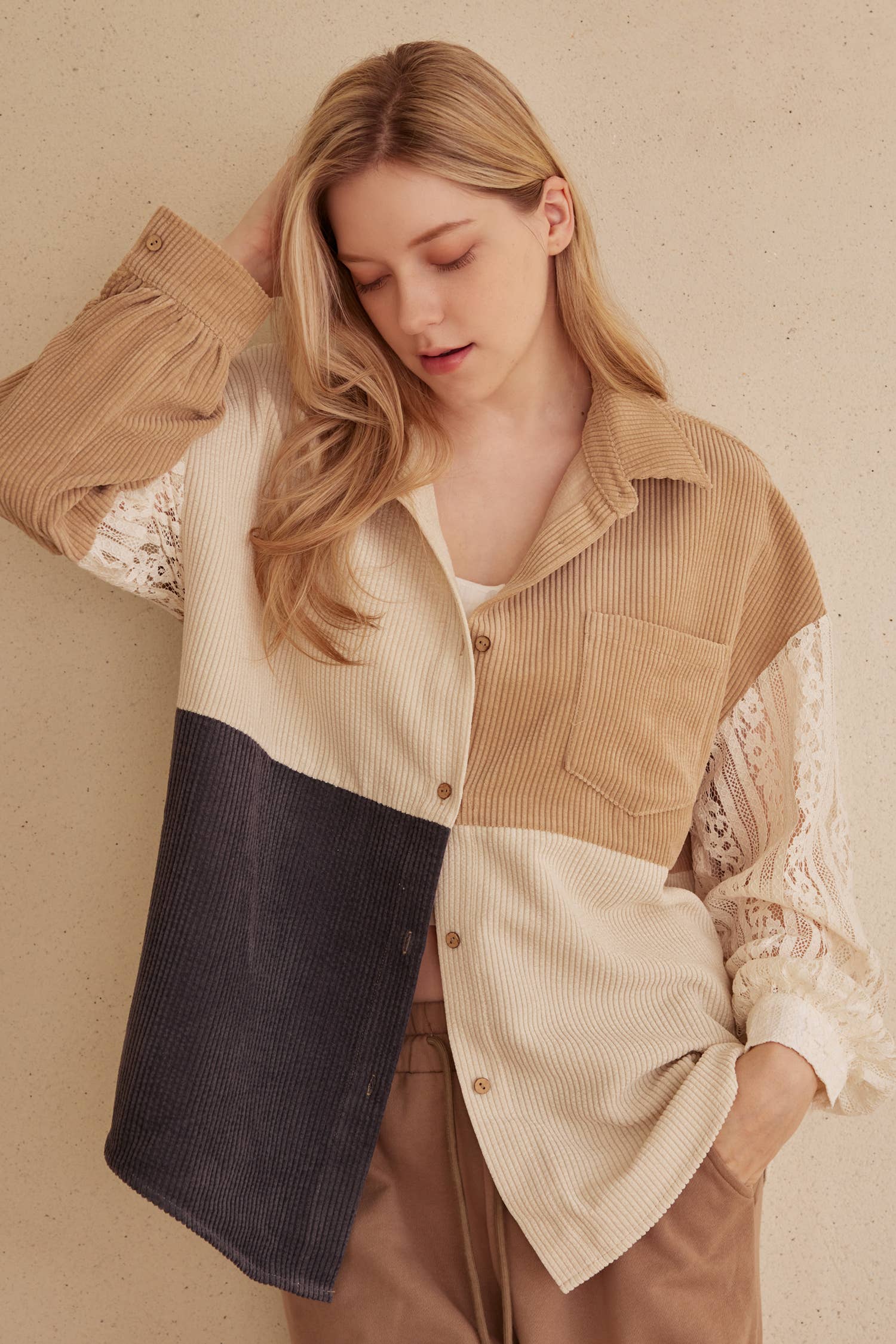 Multi Beige Color Block Corduroy Shirt with Lace Detail for wholesale on Faire3