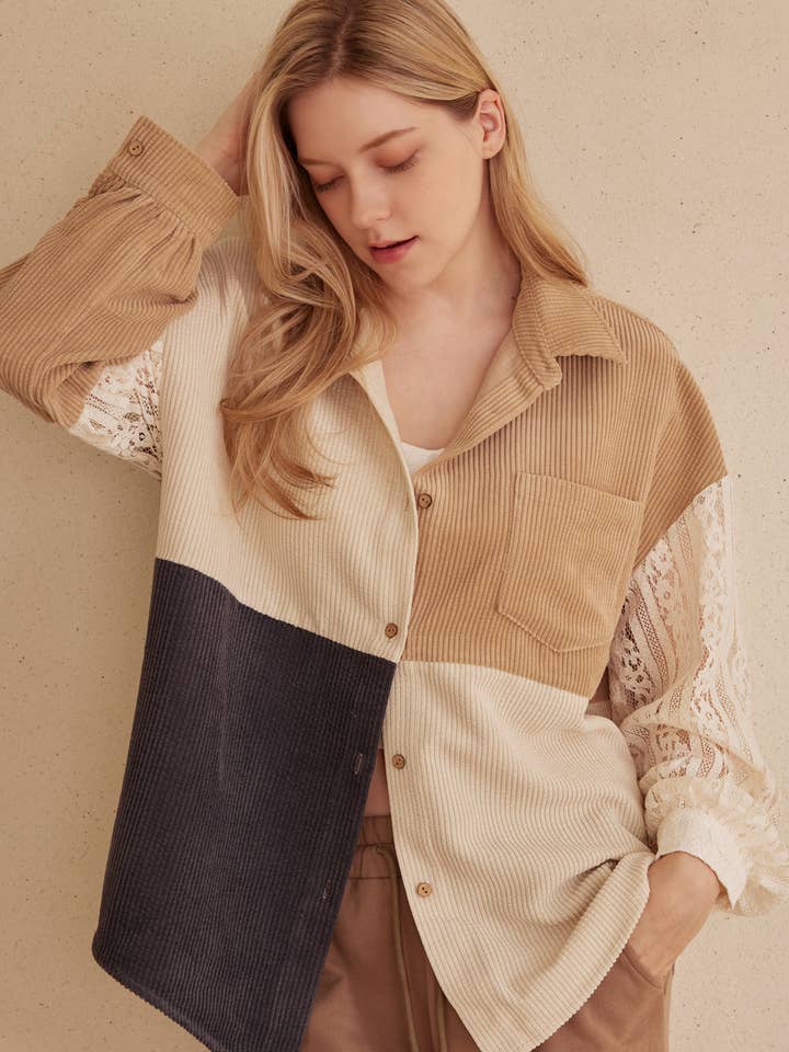 Multi Beige Color Block Corduroy Shirt with Lace Detail for wholesale on Faire3