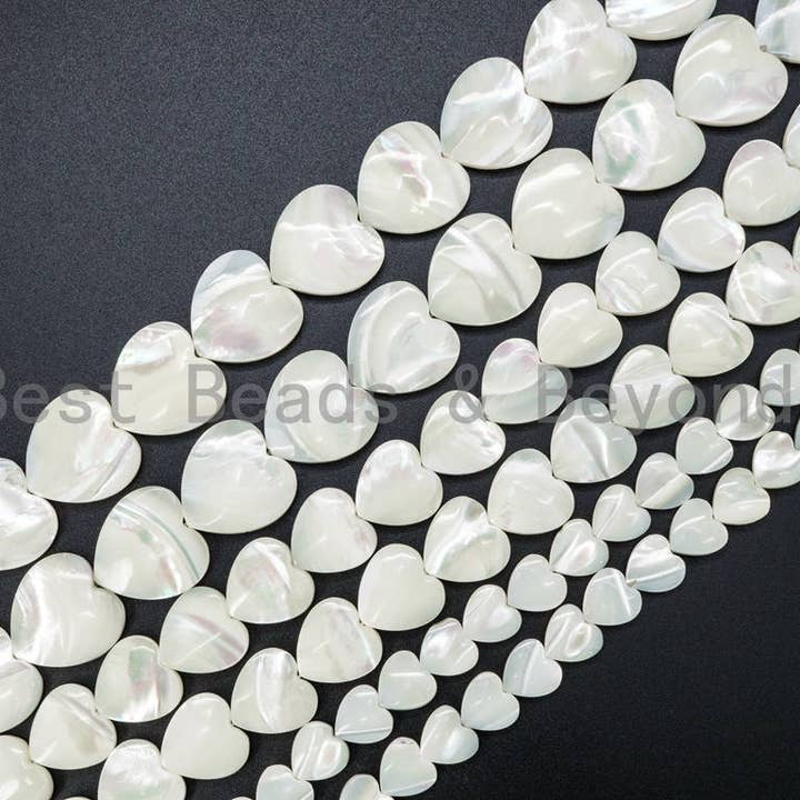 10mm/15mm/20mm HEART White Mother of Pearl, Mop Shell, White Shell, HEART Shaped Smooth Beads, 15inch Full strand, SKU#T14 for wholesale by BestBeads&Beyond