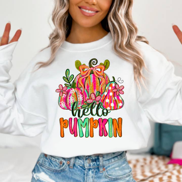 Gia Gifts Boutique - Wholesale Graphic Sweatshirt - Women's - Preppy Faux Glitter Hello Pumpkin Sweatshirt Fall 0