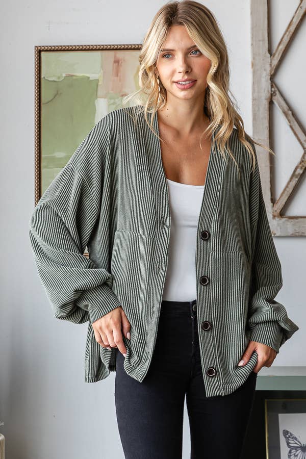 7th Ray - Wholesale Cardigan - Women's - Solid Rib Drop Shoulder Button Balloon Sleeve Cardigan T574511