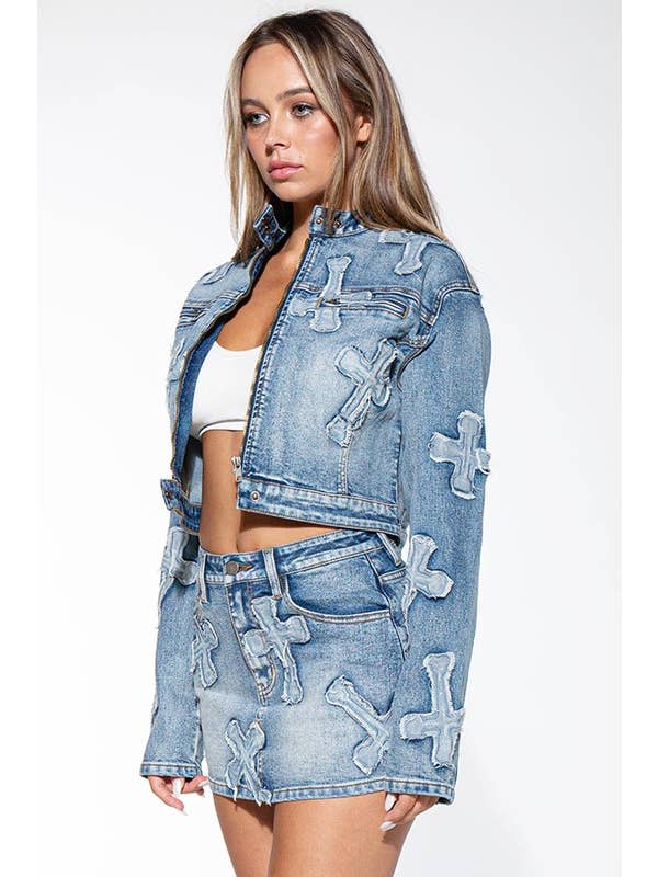 Medium Wash Cross Patch Zip Up Denim Jean Moto Jacket for wholesale on Faire