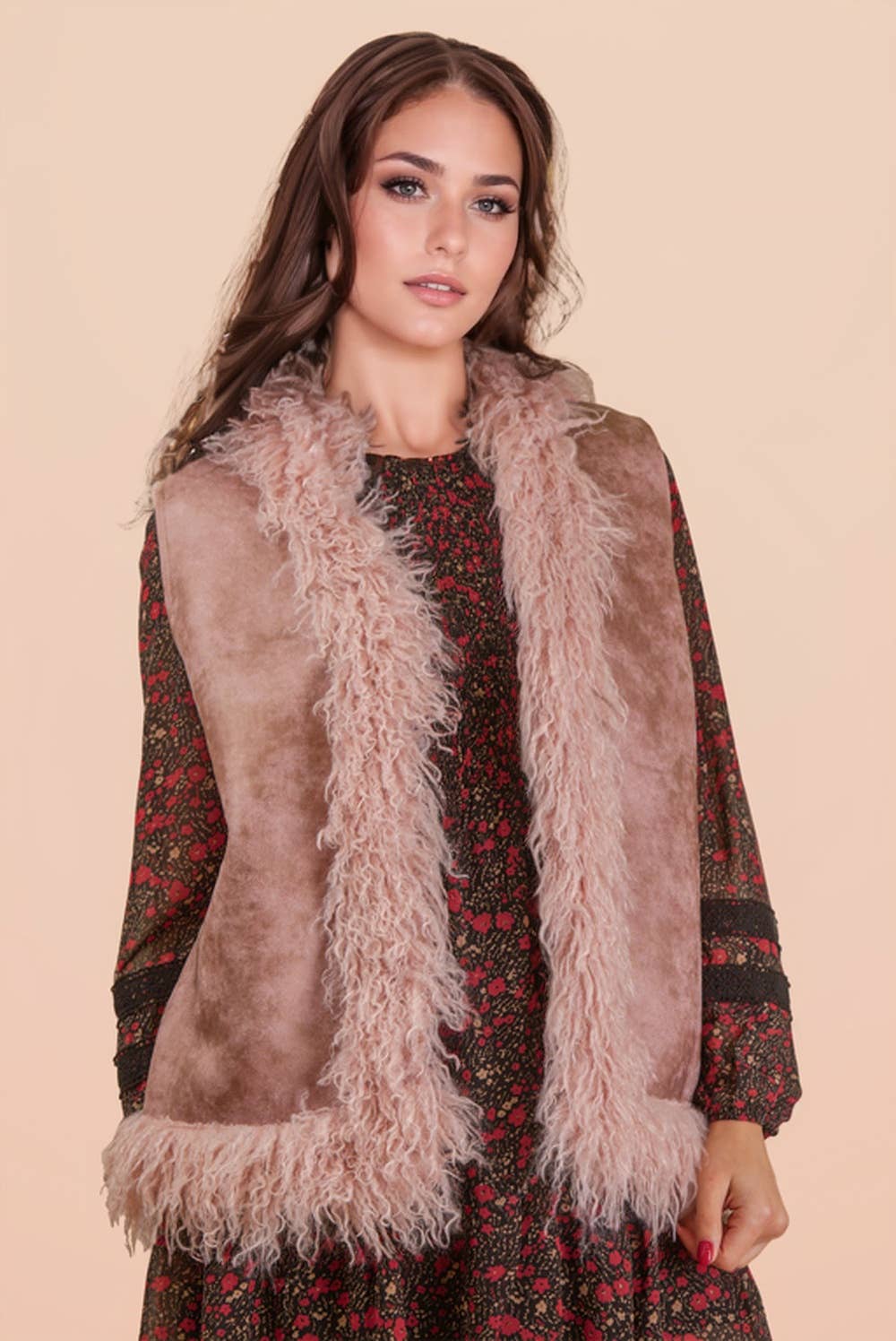 VERY J - Vente Veste sans manches – femme - NJ90398-Gilet Bohème en Suédine Sherpa avec Fausse Fourrure1
