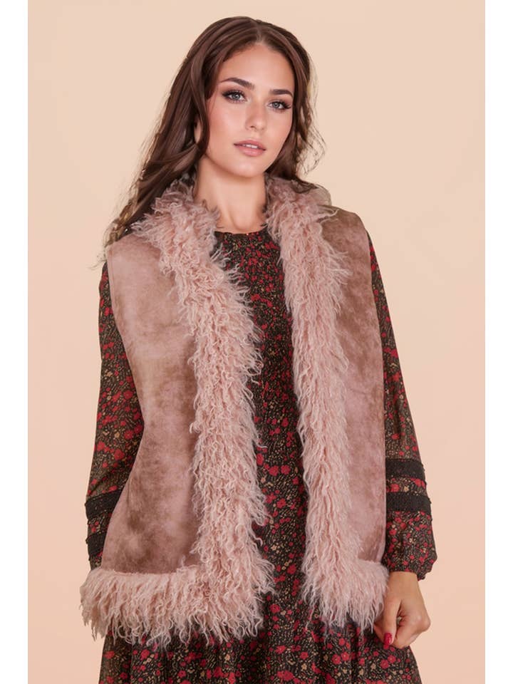 VERY J - Vente Veste sans manches – femme - NJ90398-Gilet Bohème en Suédine Sherpa avec Fausse Fourrure1