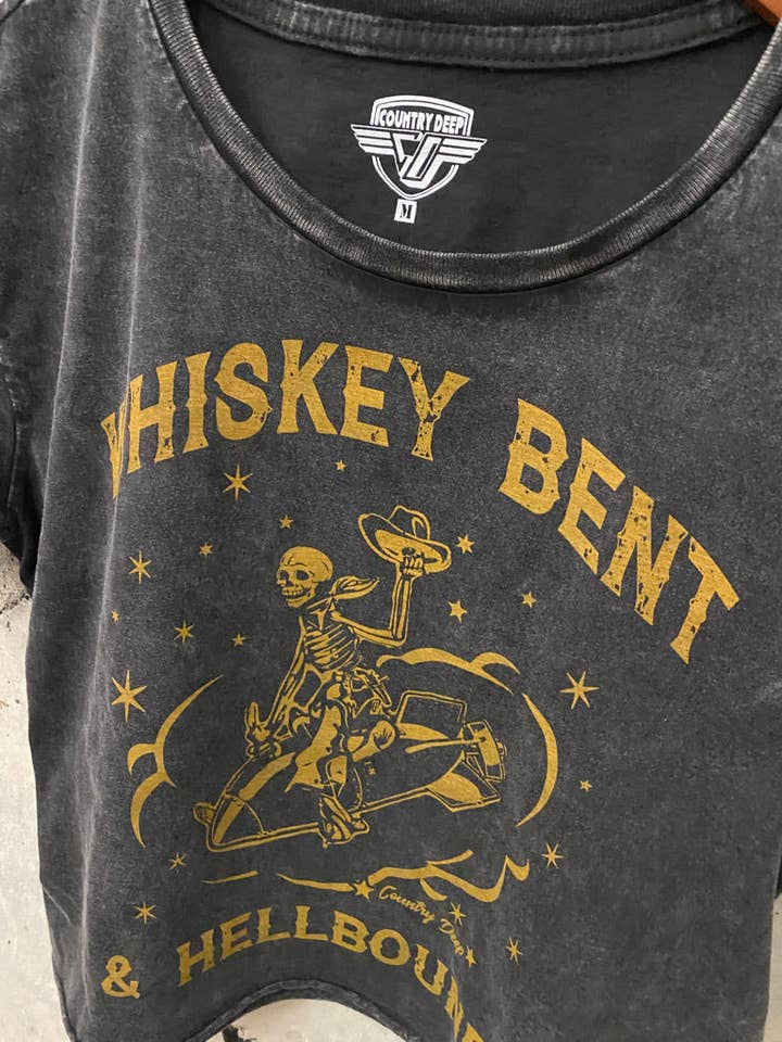 Country Deep Apparel - Wholesale Screen Printed T-Shirt - Women's - Whiskey Bent hellbound regular Cropped Acid wash T-shirt