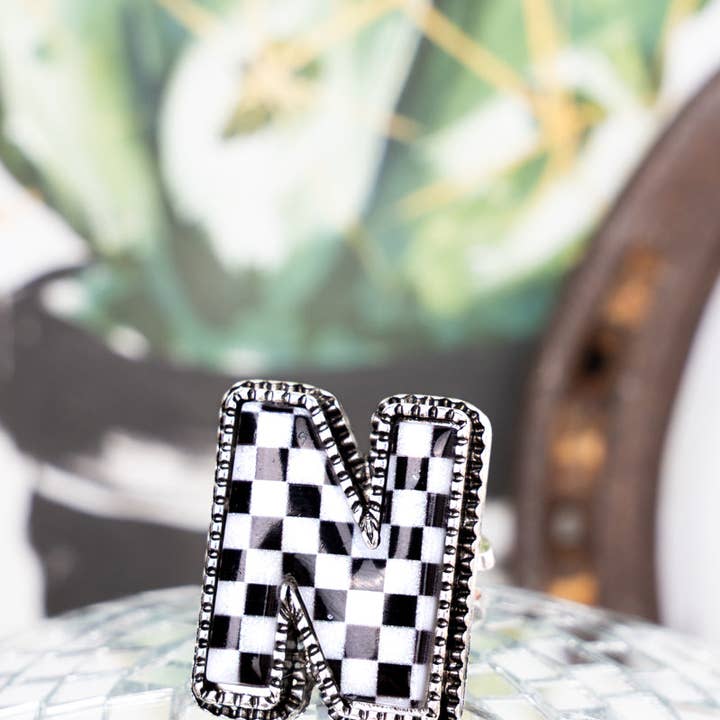 Wholesale Accessory Market - Wholesale Cocktail/Statement Ring - Black & White Checkered 'N' Silvertone Cuff Ring0