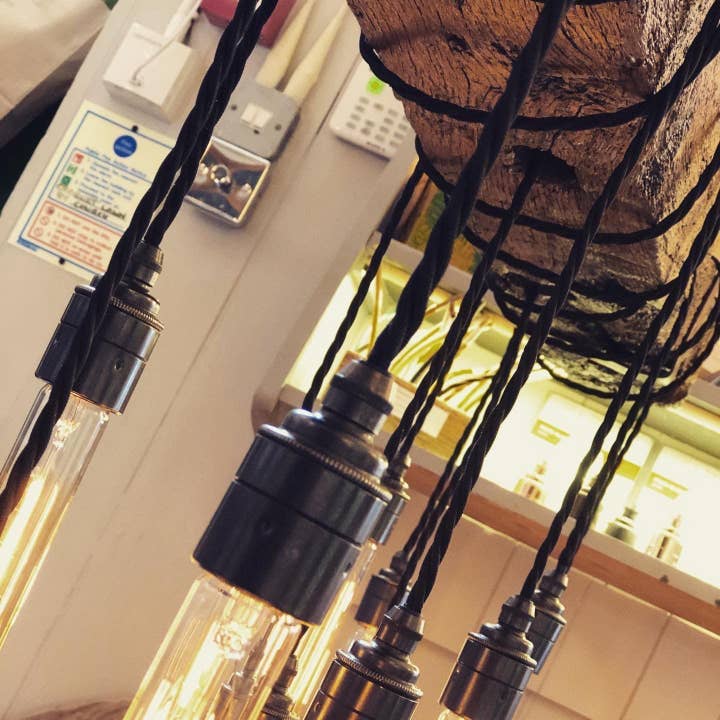 MooBoo Home – wholesale Chandelier/hanging light – Rustic Oak Beam Chandelier with Wrapped Cables and Steel Brackets1