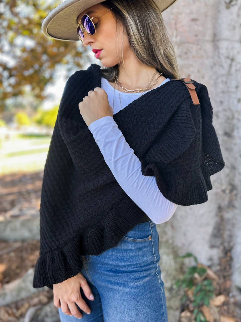 Classic Black Triangle Ruffle Shawl with Faux Leather Buckle for wholesale on Faire0