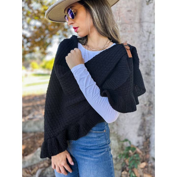 Classic Black Triangle Ruffle Shawl with Faux Leather Buckle for wholesale on Faire