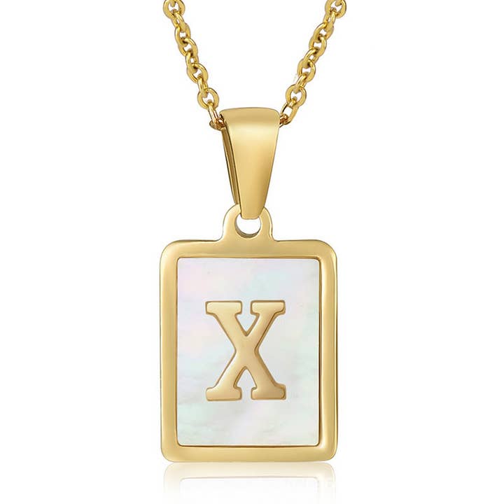 NINEXIS - Wholesale Pendant/Charm Necklace - CWAJE1917_Square Stainless Steel White Shell Letter Necklace24