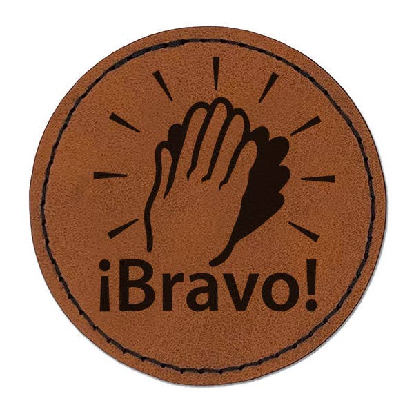 Bravo Clapping Hands Happy Celebration Spanish Round Iron-On Engraved Faux Leather Patch Applique - 2.5 Inch for wholesale by Sniggle Sloth
