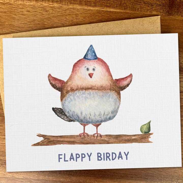 Funny bird pun birthday card, Watercolor finch birthday card for wholesale by Pink Hill Press