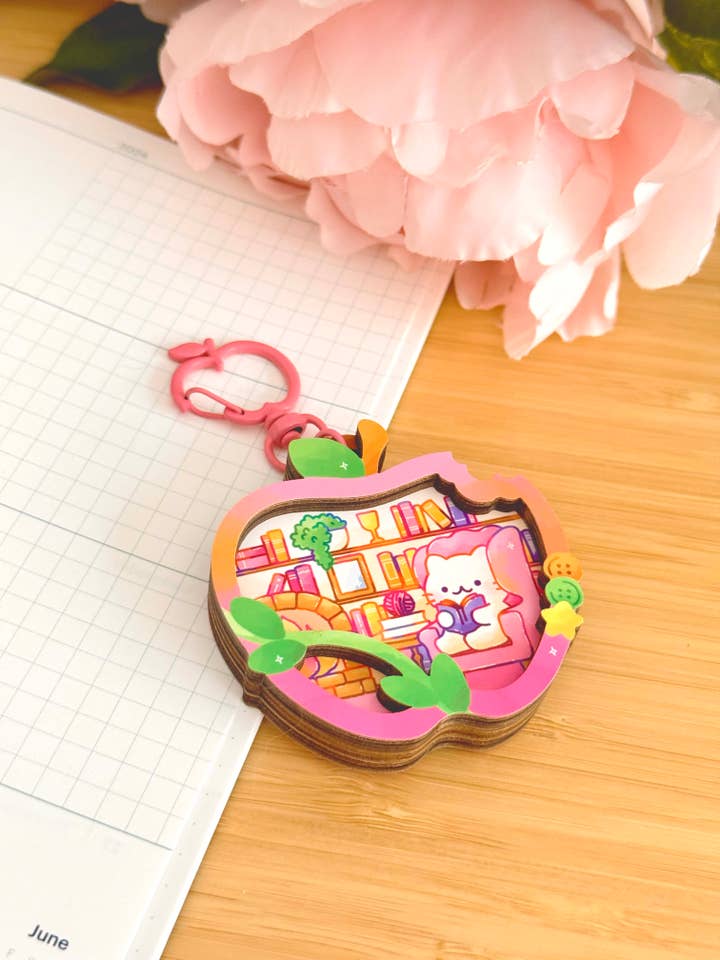 Apple Bookworm Wooden Keychain for wholesale by Shiku Designs