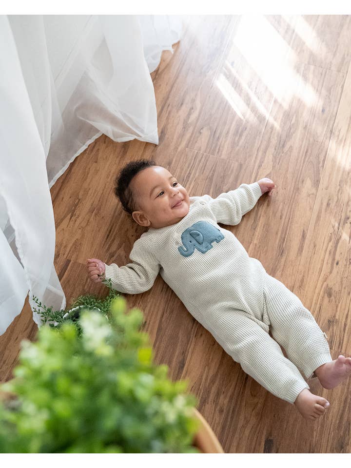 Stone Elephant Jacquard Knit Baby Jumpsuit (Organic) for wholesale on Faire