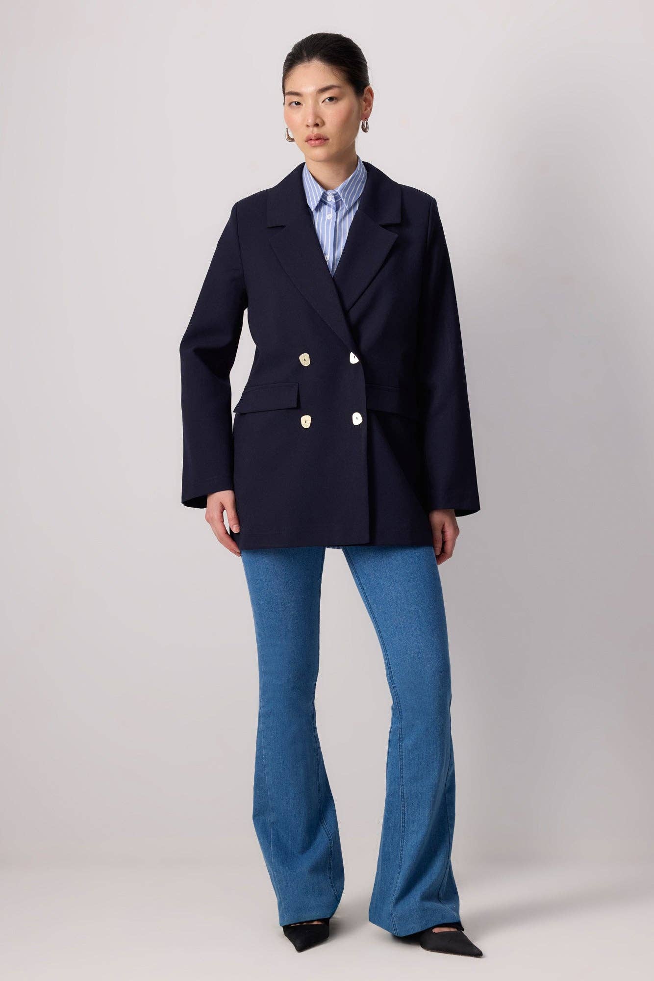 Navy Blue SHELL BUTTONED BLAZER JACKET for wholesale on Faire0