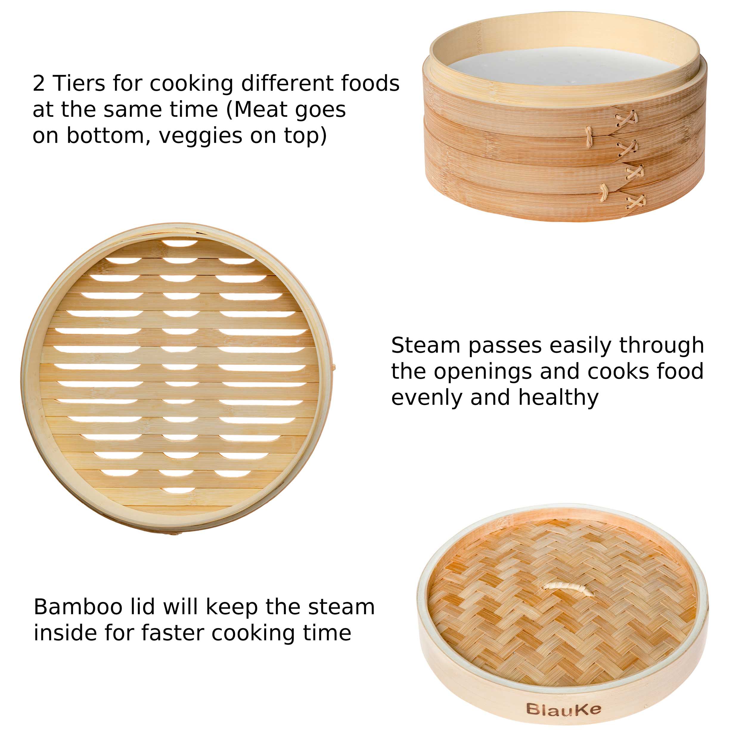 BlauKe - Wholesale Kitchen Tool/Gadget - Bamboo Steamer with Chopsticks, Kitchen Tongs and 50 Paper Liners | 2-Tier Bamboo Steamer Basket 10 Inch6